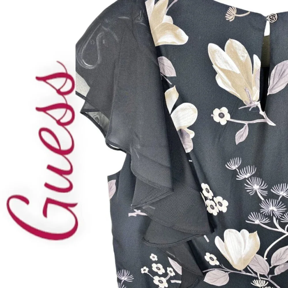 NWT GUESS Floral Chiffon Sleeve Ruffle Front Dress,‎ Size Large